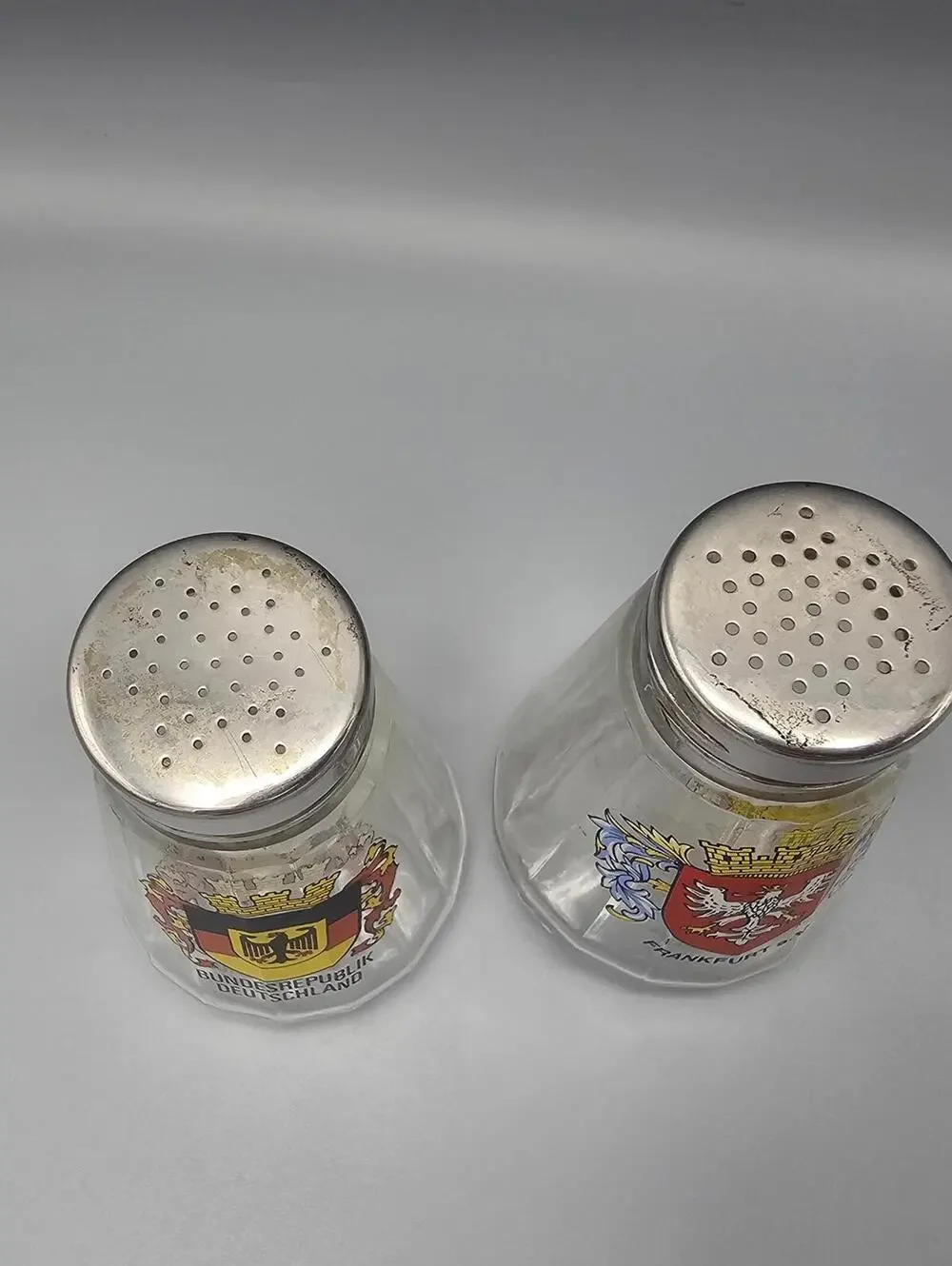 Vintage German Glass Salt and Pepper Shakers with Metal Tops